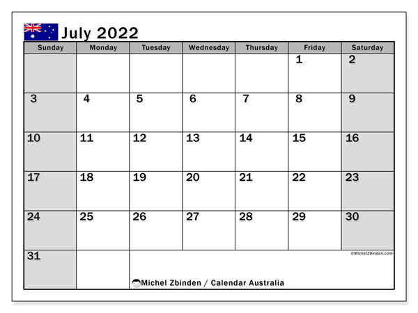 Printable July 2022 &quot;Australia (Ss)&quot; Calendar - Michel