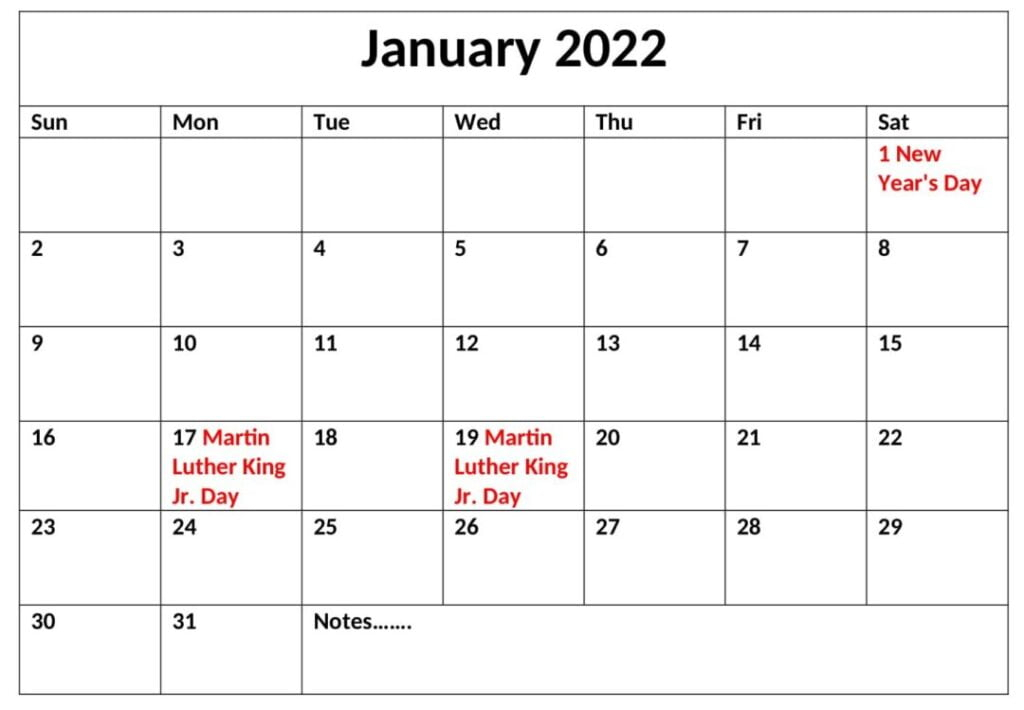 United States January 2022 Calendar With Holidays