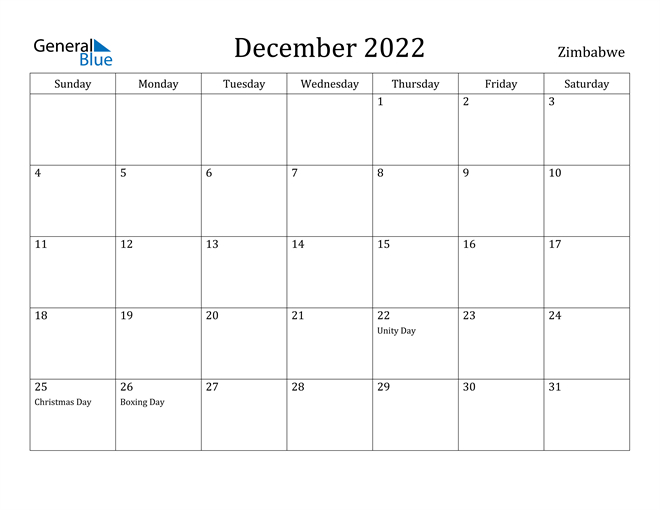 Zimbabwe December 2022 Calendar With Holidays