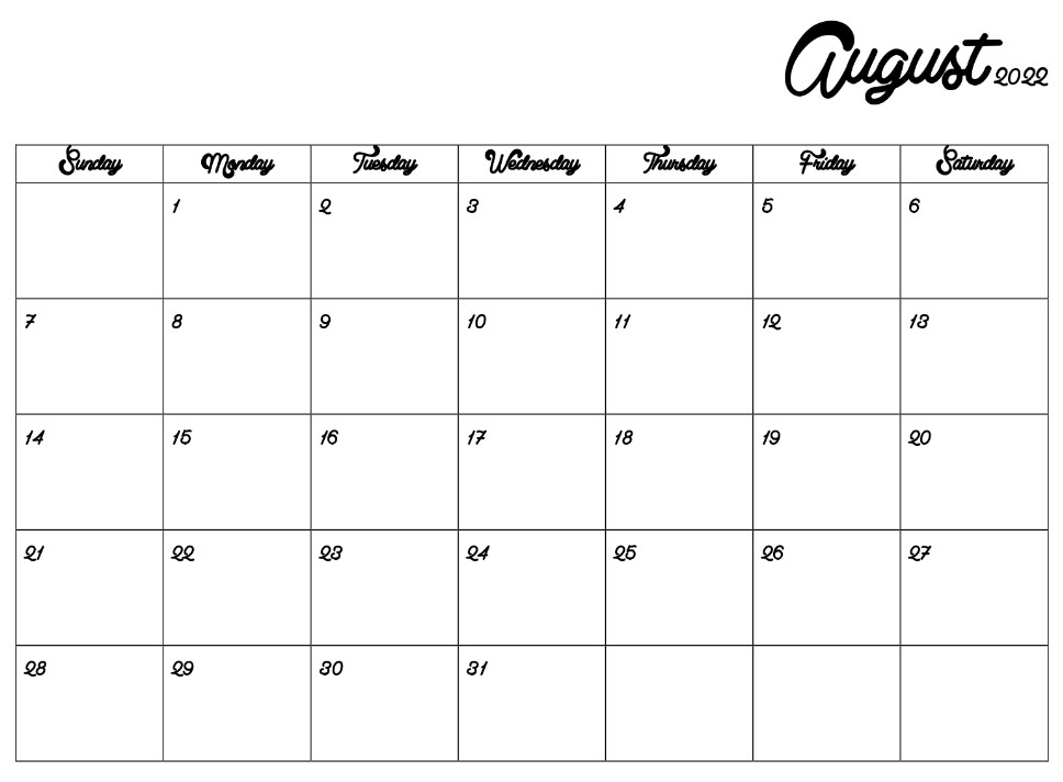 Calendar August 2022 Black And White Simple