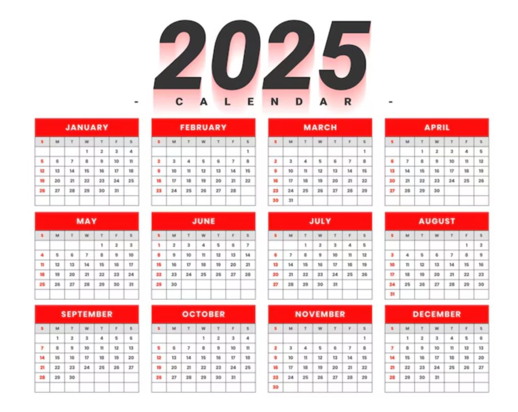 printable 2025 calendar with small layout and bold dates