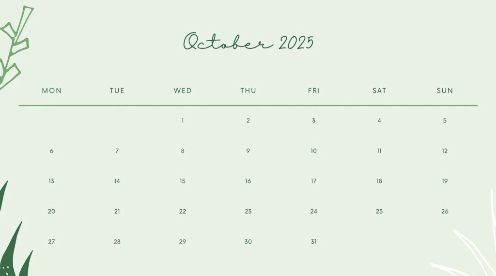 Free printable October 2025 Monthly Calendar Planner Green Design Free printable October 2025 Monthly Calendar Planner Green Design