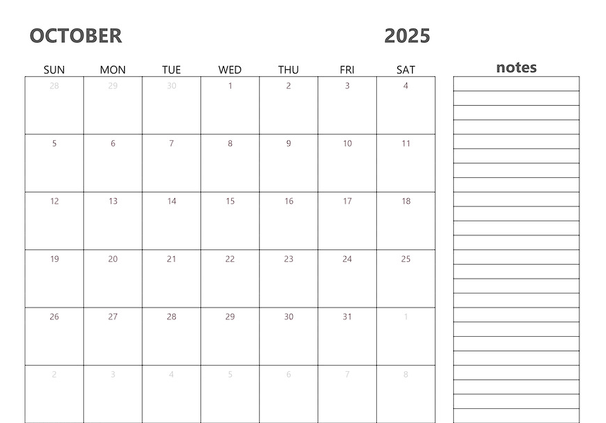 monthly calendar printable 2025 october with notes section monthly calendar printable 2025 october with notes section