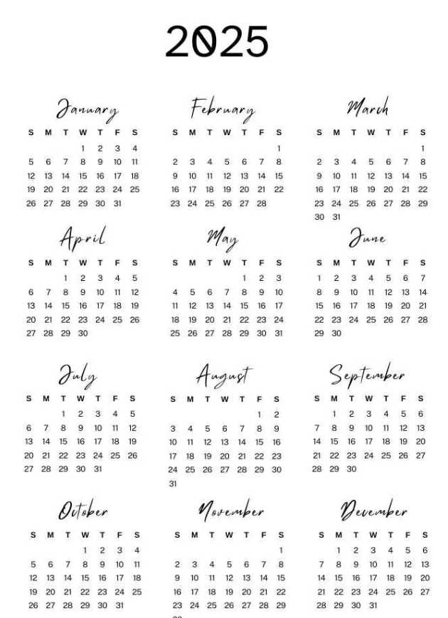 Aesthetic printable 2025 calendar template featuring simple grid layout and subtle fonts