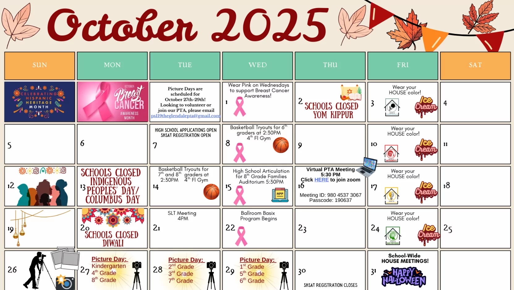 Colorful October 2025 monthly planner with notes section