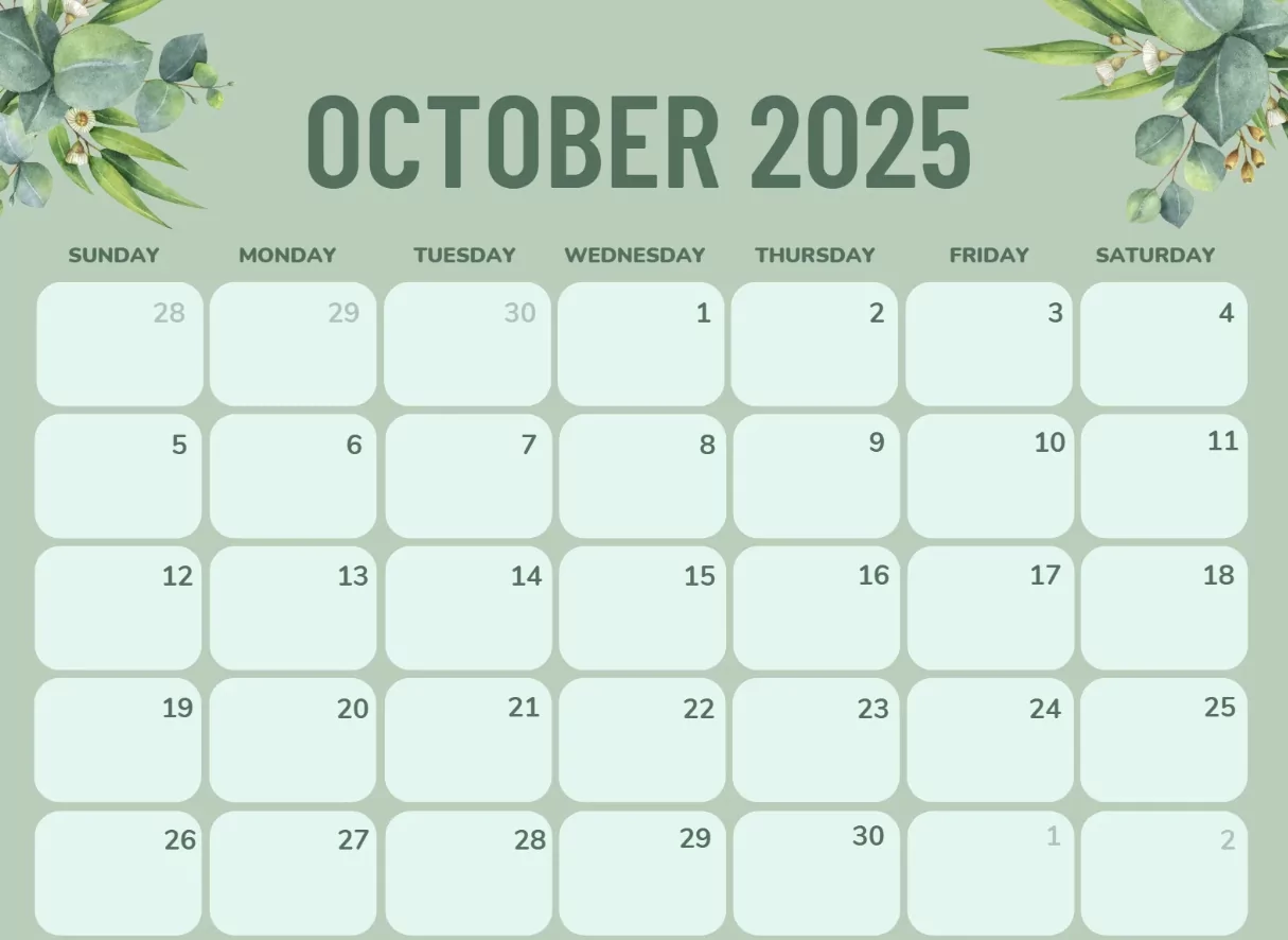 Cute October 2025 calendar printable with pastel theme