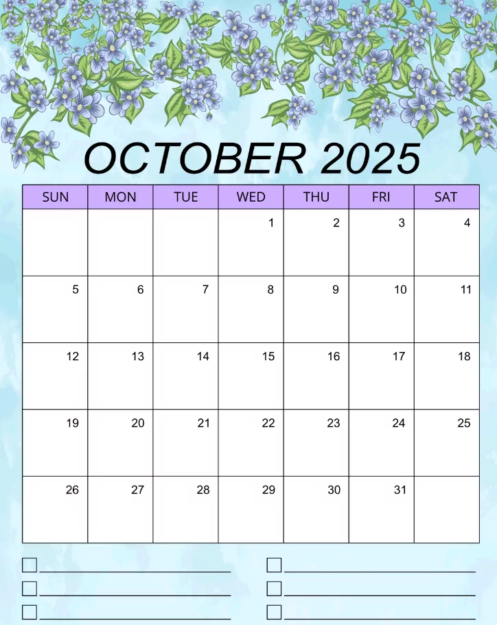 Free October 2025 calendar image template with floral design