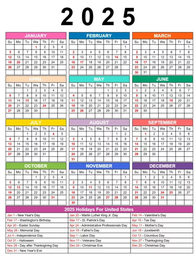 Monthly 2025 calendar with notes section and holidays