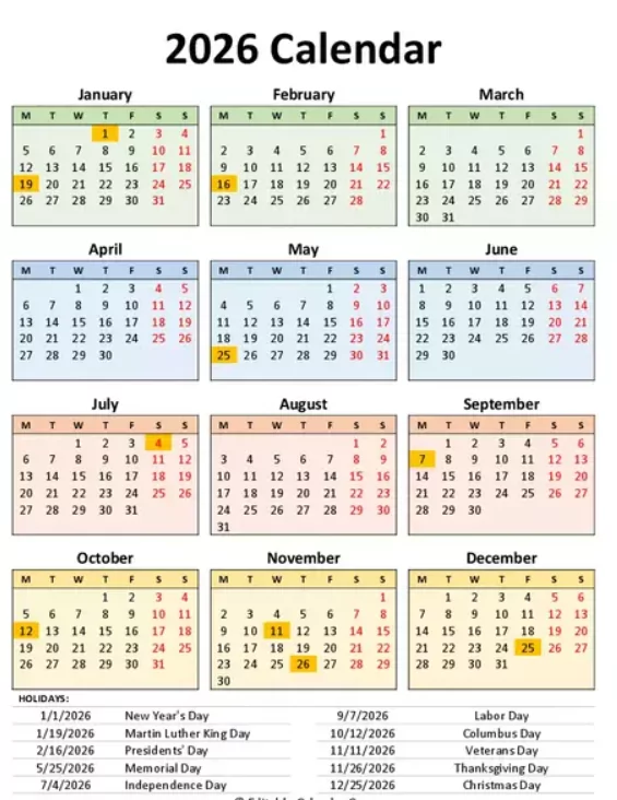 2025 academic year calendar with school holidays marked