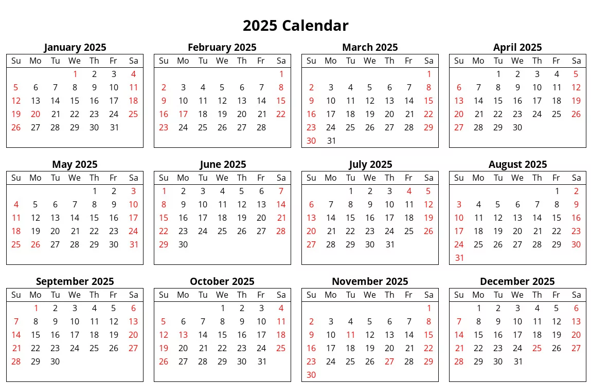 Annual calendar overview with week numbers for 2025