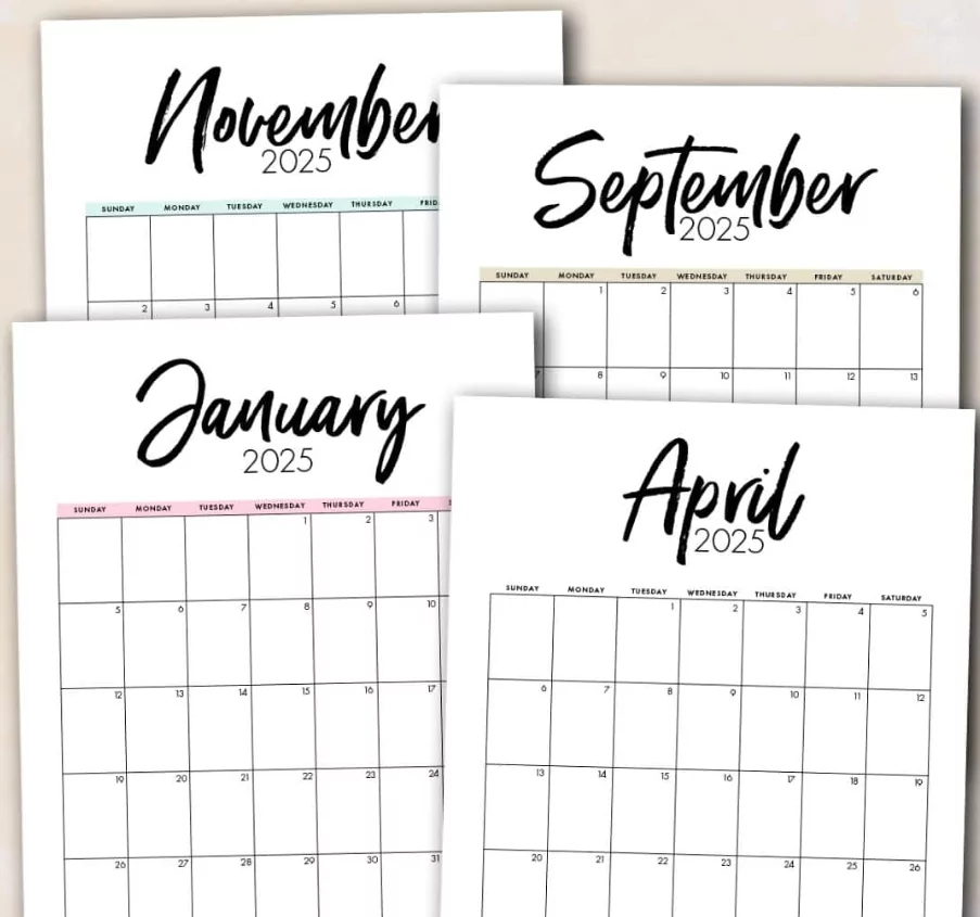 Collection of beautifully designed free monthly 2025 calendar templates for personal use