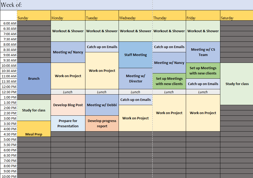 Example of productive time block calendar layout