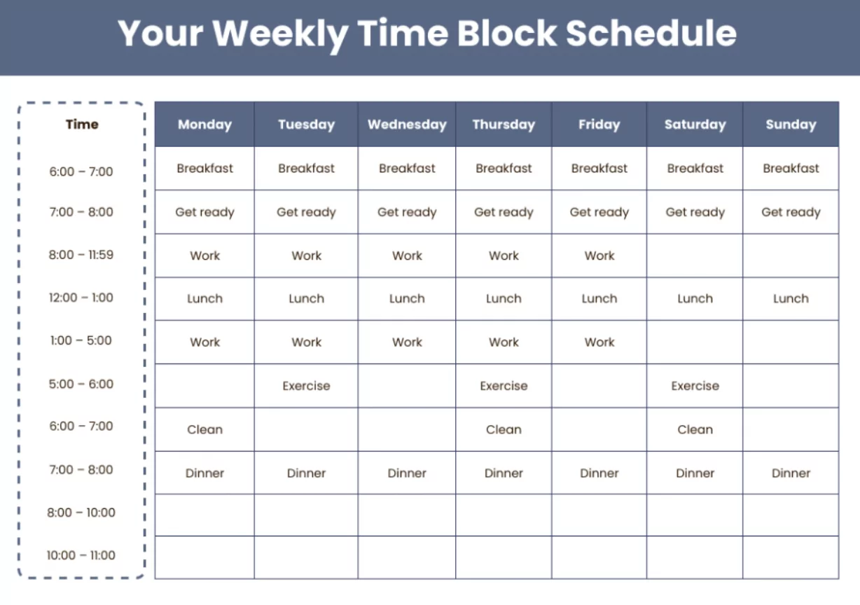 Example of productive time block calendar layout