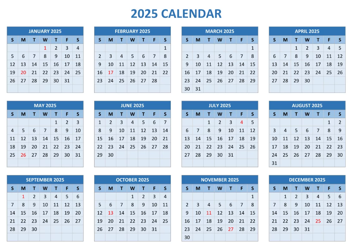 Full 2025 yearly calendar showing all twelve months