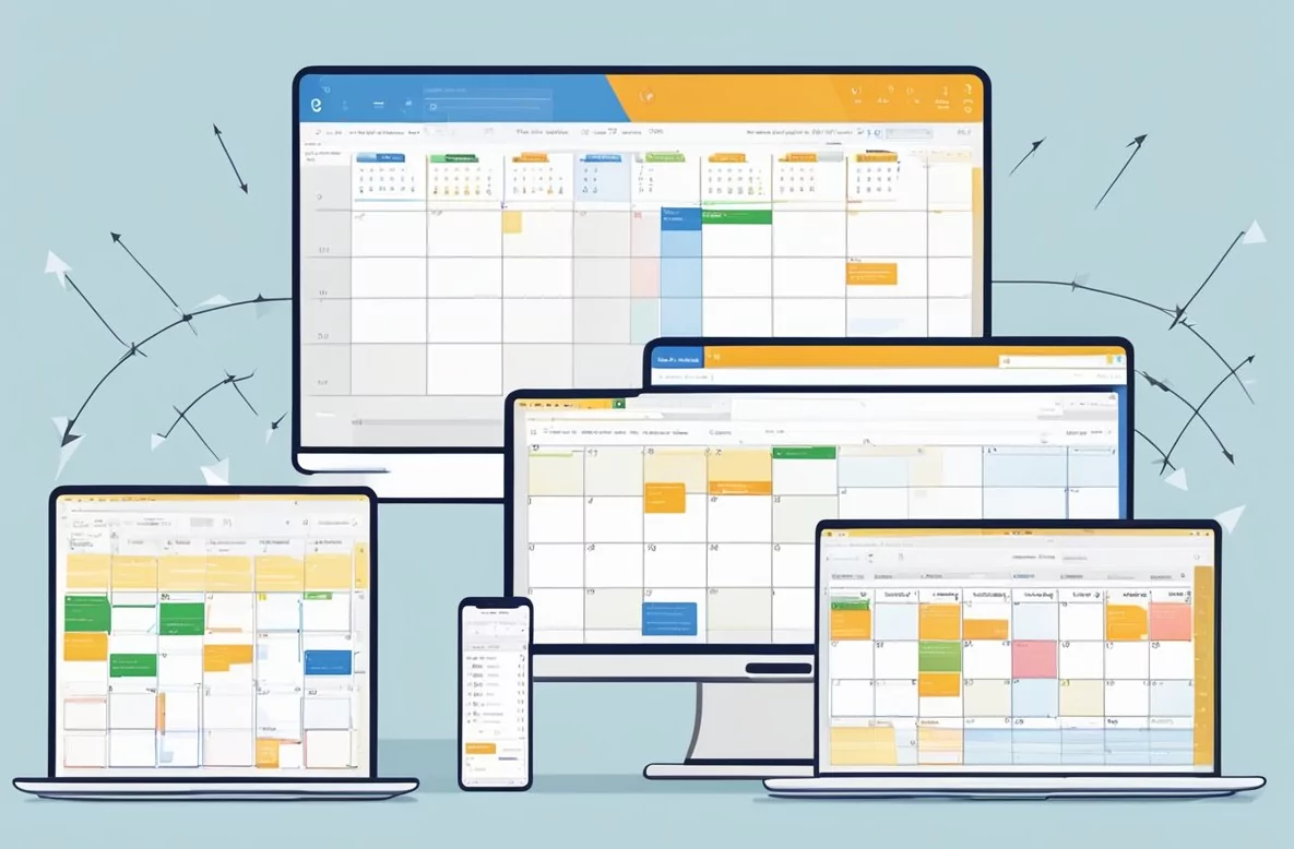 Multiple device screens showing synchronized calendar