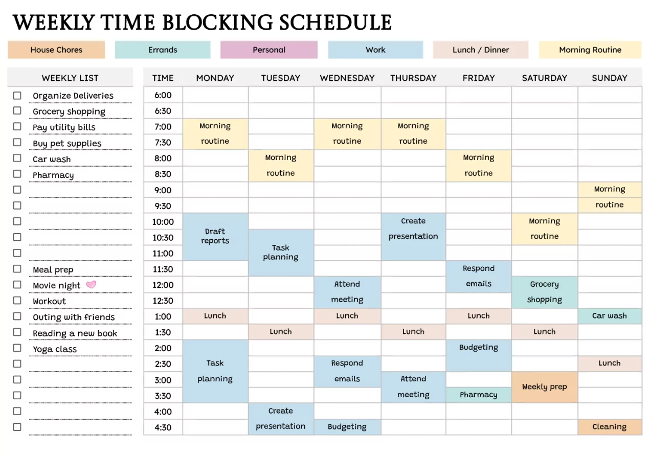 Organized weekly schedule showing productivity blocks
