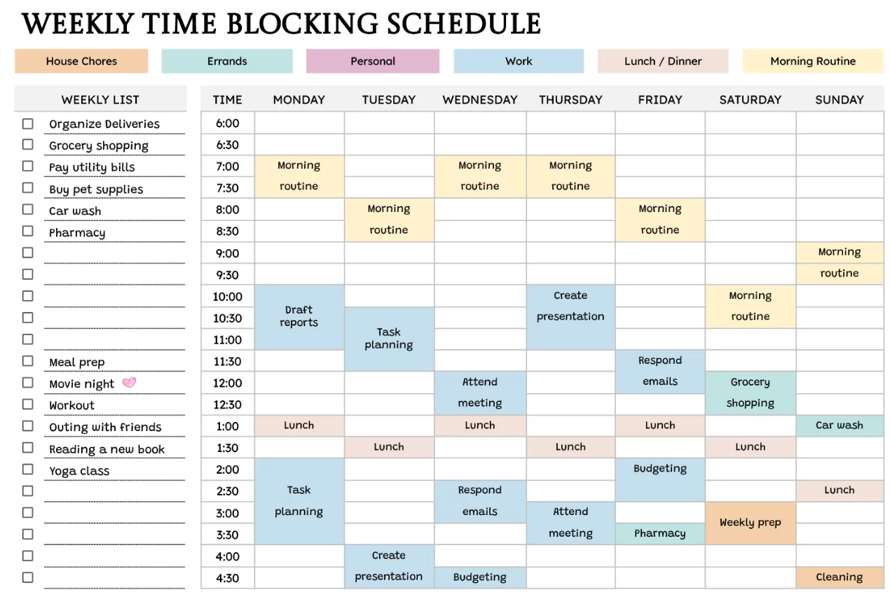 Organized weekly schedule showing productivity blocks