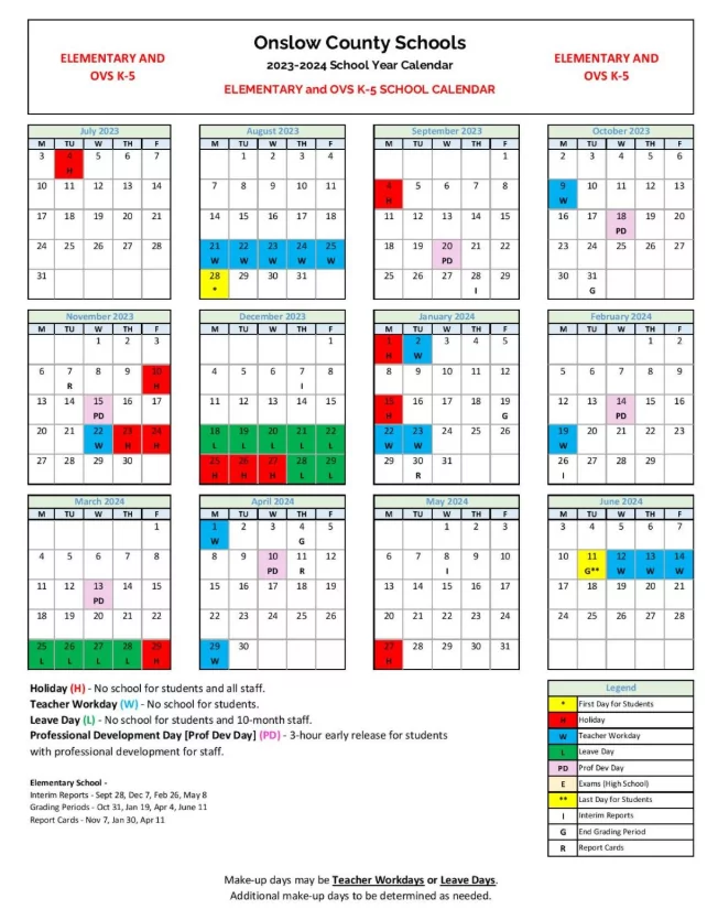 Printable school year calendar for students and parents