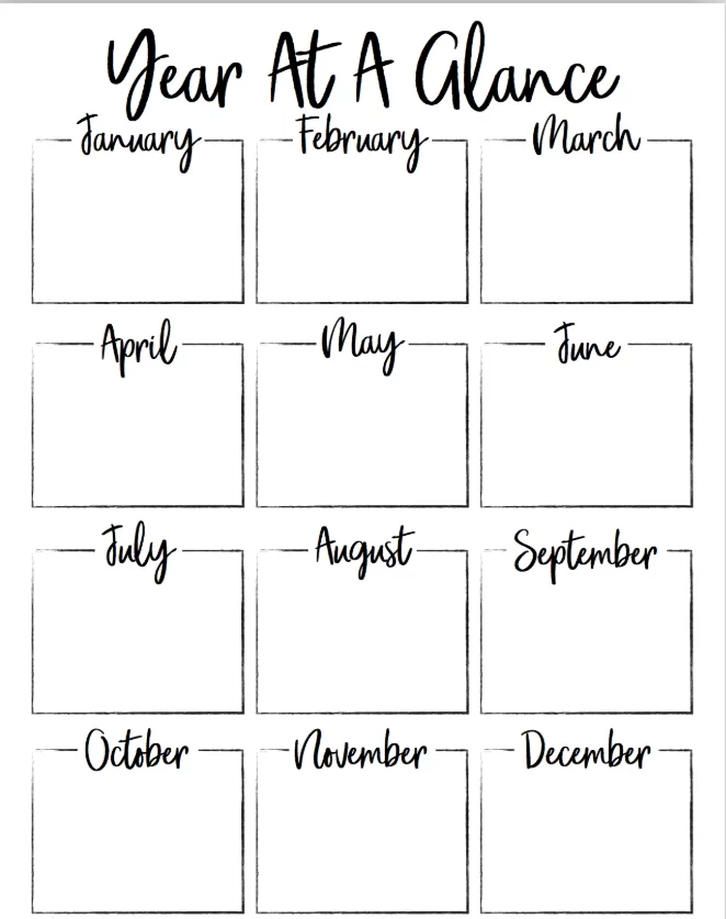 Printable year at a glance calendar for wall display