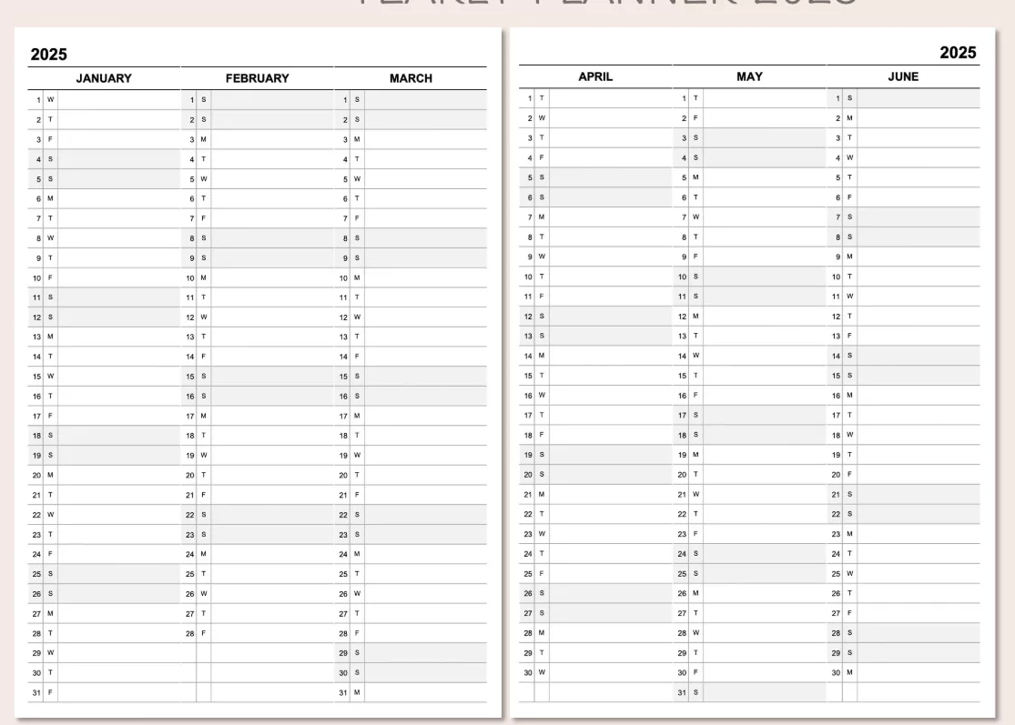 Printable year at a glance calendar for wall display