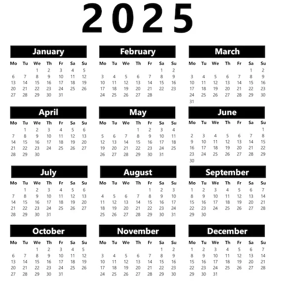 Simple black and white calendar layout for 2025