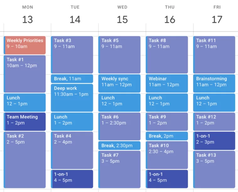 Time blocking method applied to weekly calendar view