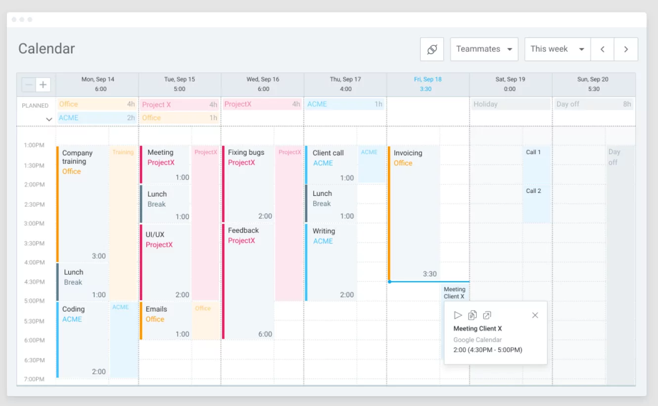 Time blocking method applied to weekly calendar view