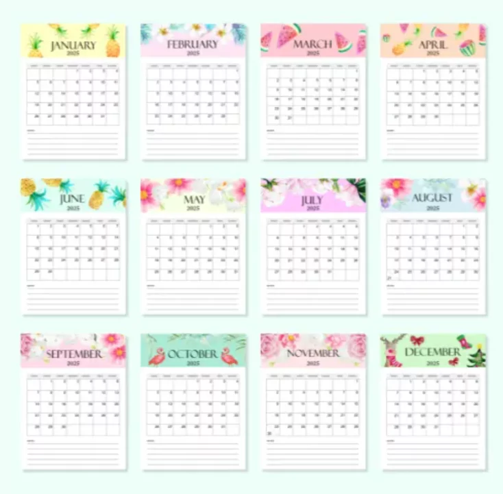 Variety of free printable 2025 monthly calendar templates with different design styles