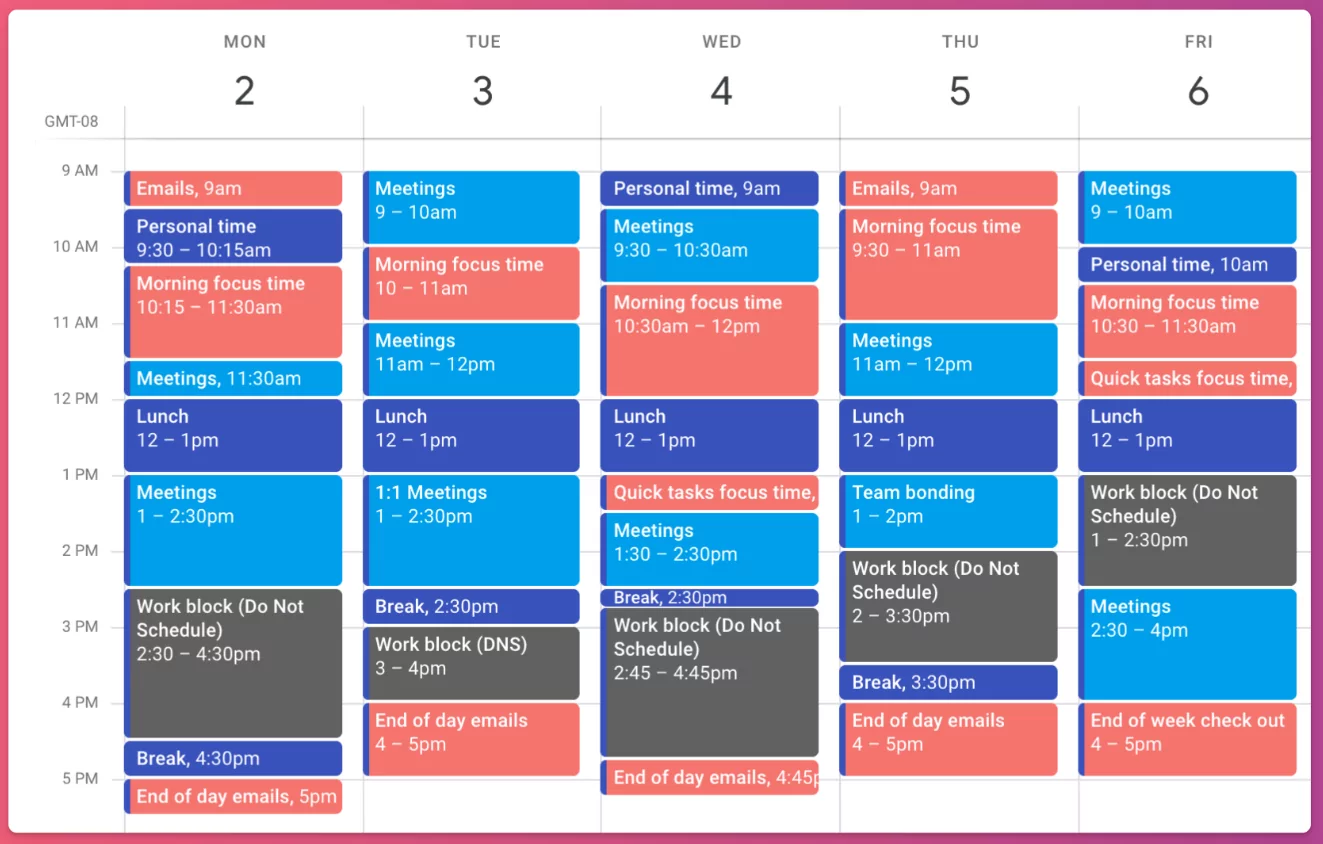 Visual example showing a daily calendar organized using the time blocking productivity method