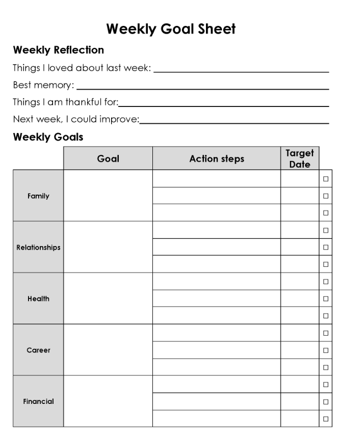 Weekly calendar template with goal tracking section