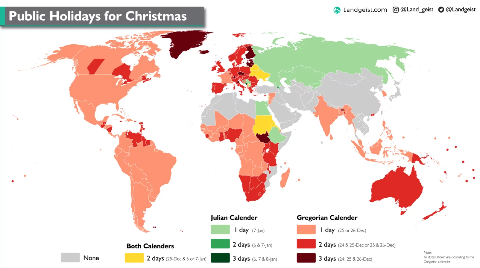 World map showing major holiday dates for 2025
