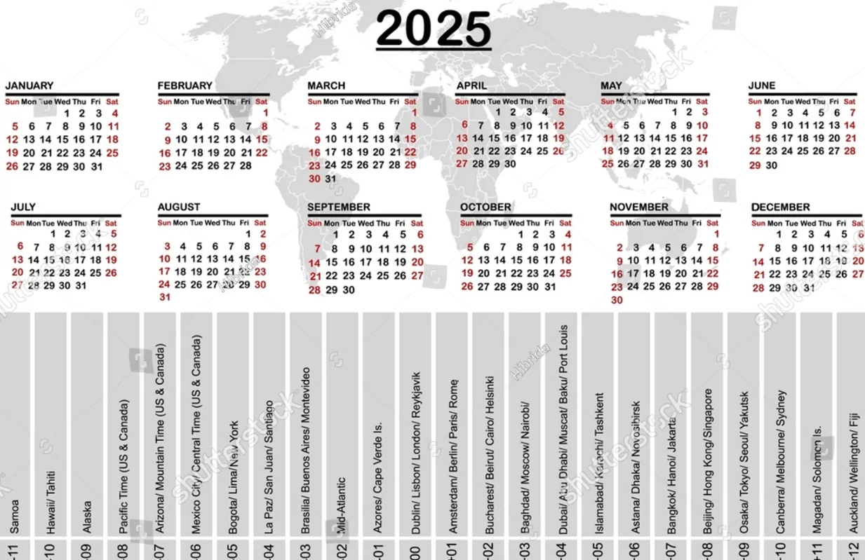 World map showing major holiday dates for 2025