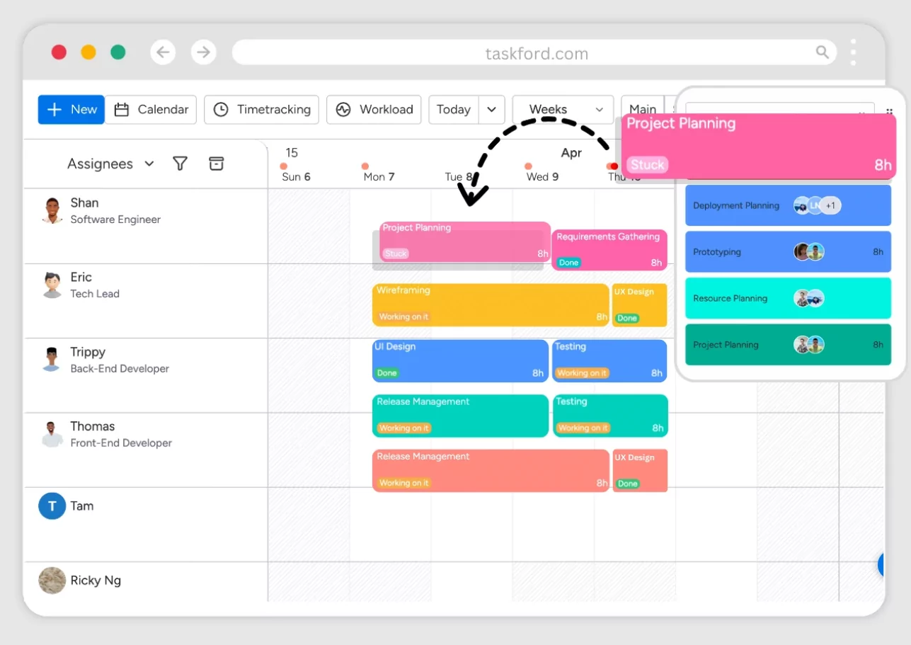Laptop screen displaying drag and drop of a rescheduled task block in a calendar app