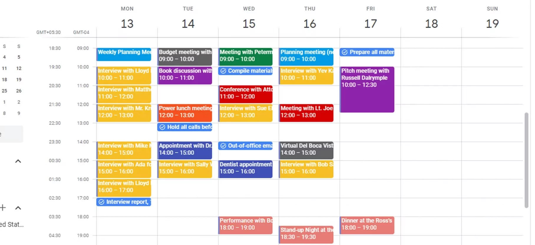 Smartphone screen displaying unified Google and Outlook calendar view with color coded events