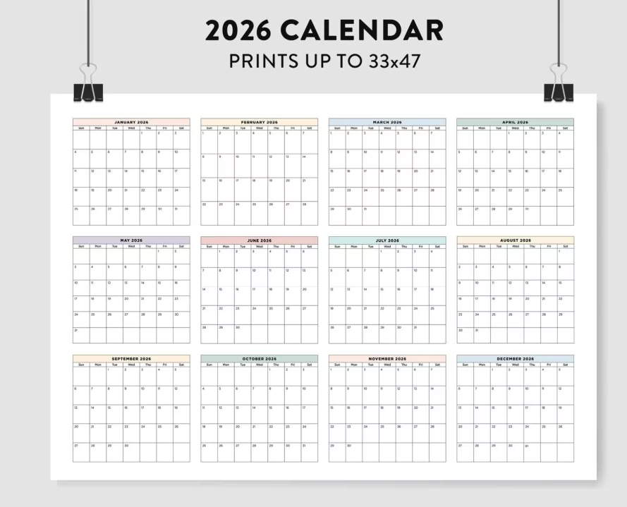 Large 2026 wall calendar for office decor, readable typography, color coded projects, team planning wall