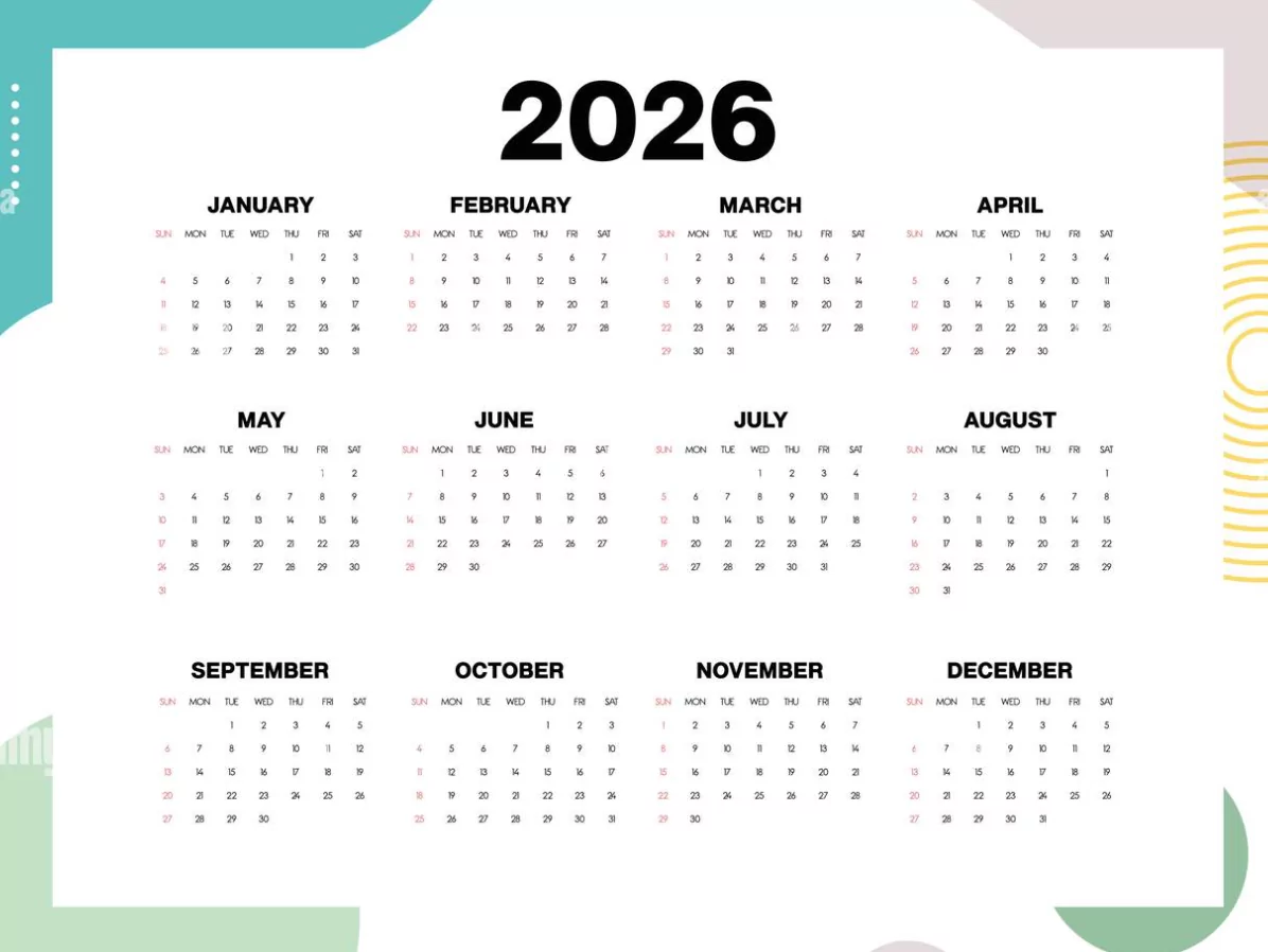 Minimalist 2026 wall calendar in a modern home office, neutral palette, large monthly grid for planning