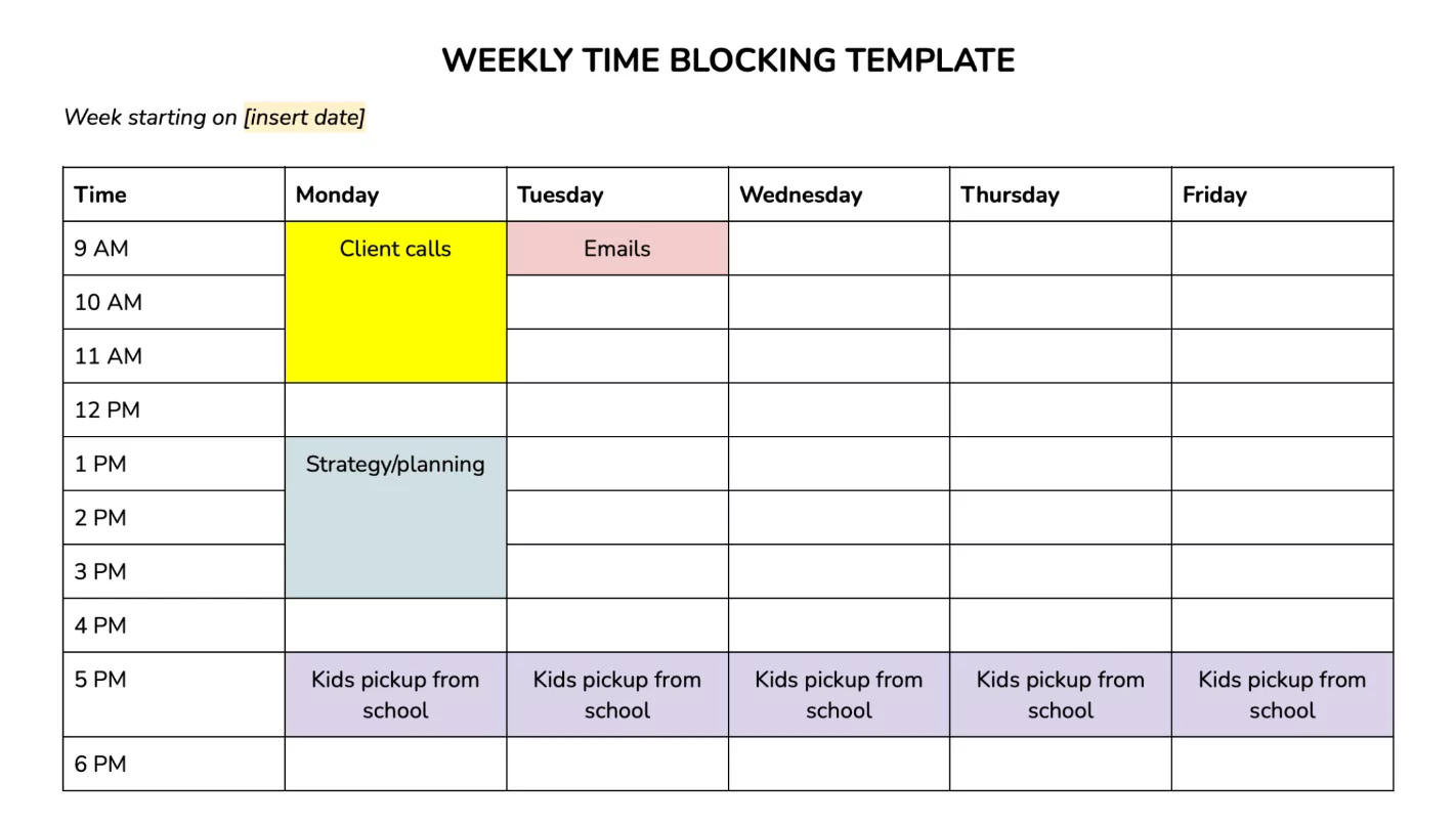 Time blocking method on a weekly calendar planner for deep work and focus