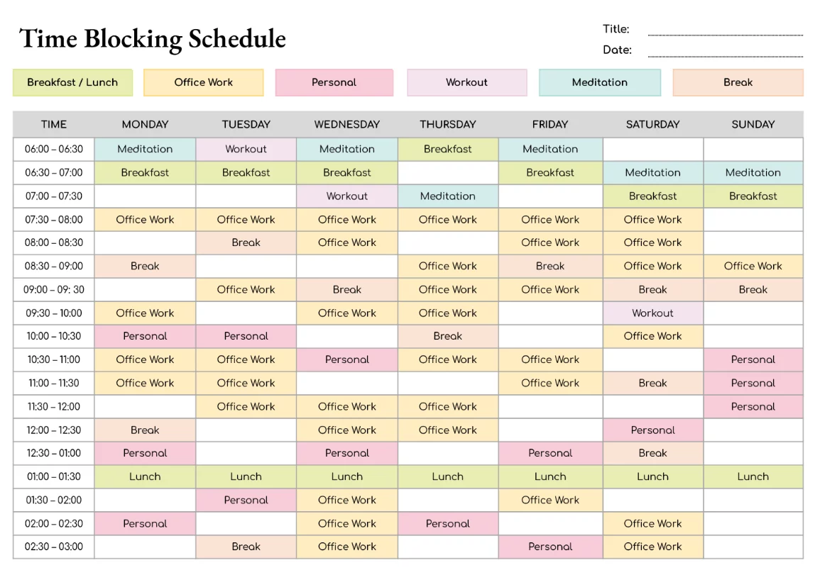 Time blocking method daily calendar productivity color coded blocks