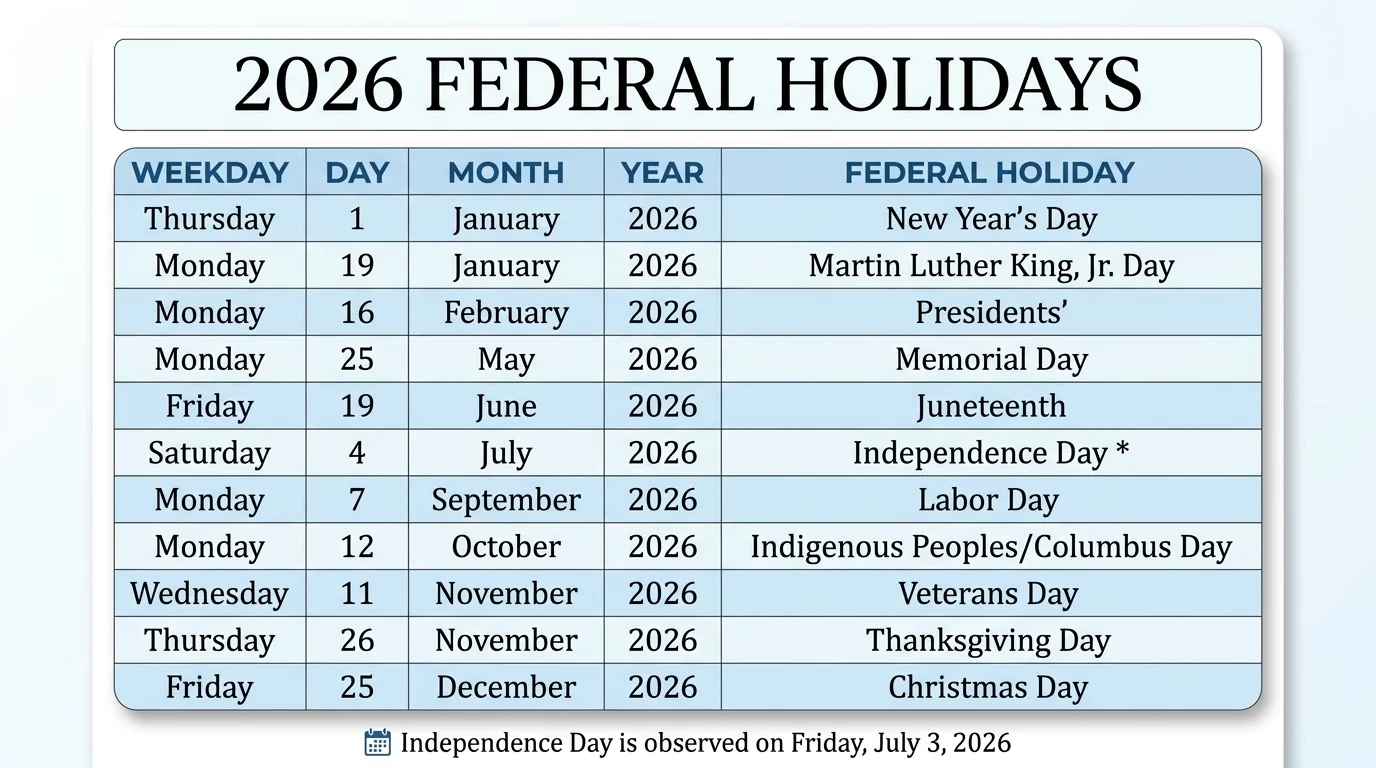 World Holidays Calendar 2026